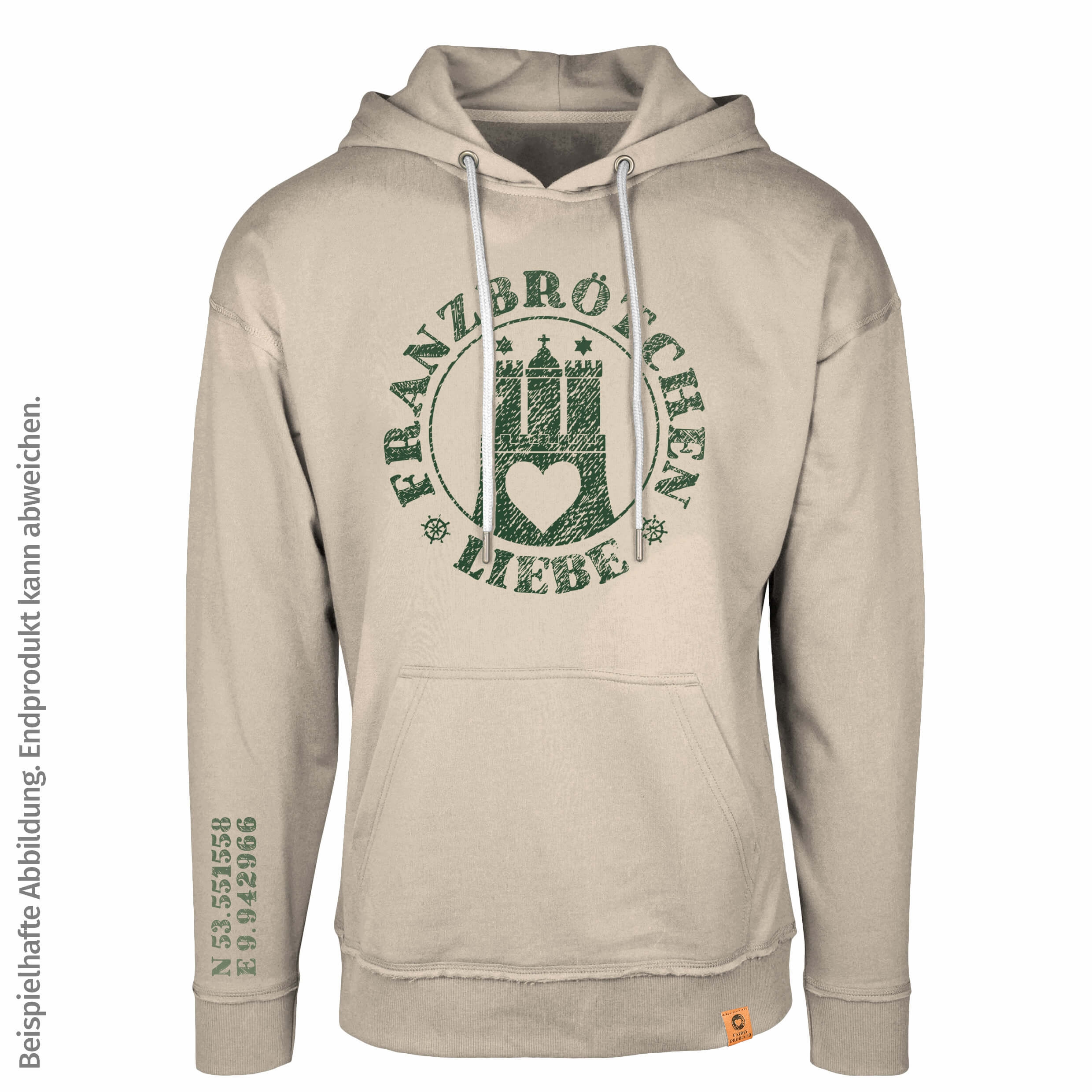 Franzbrötchenliebe Hoodie unisex - White Smoke beige mit grünem Print Franzbrötchenliebe Hoodie unisex - White Smoke beige mit grünem Print