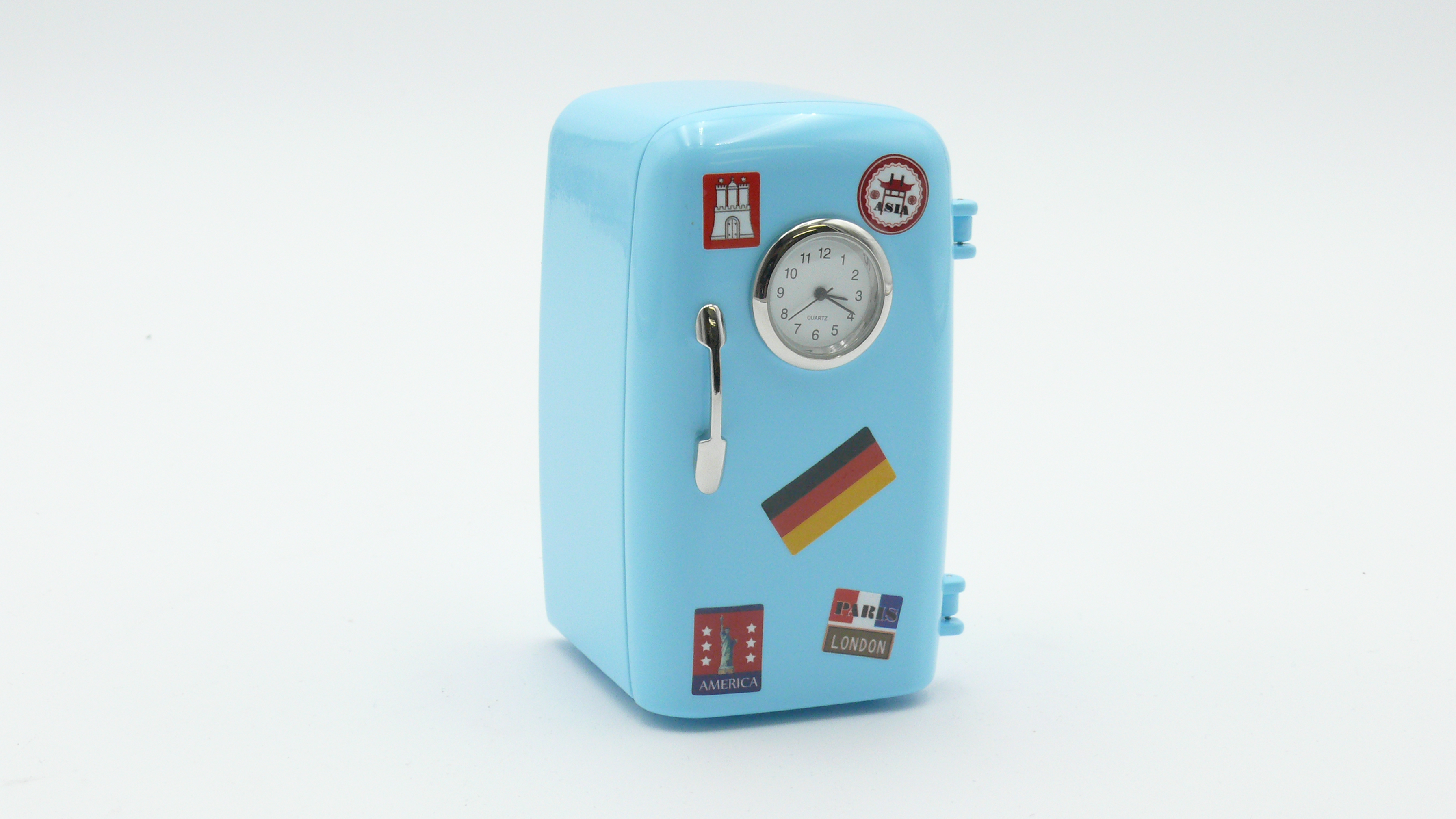 Miniatur-Uhr Kühlschrank blau