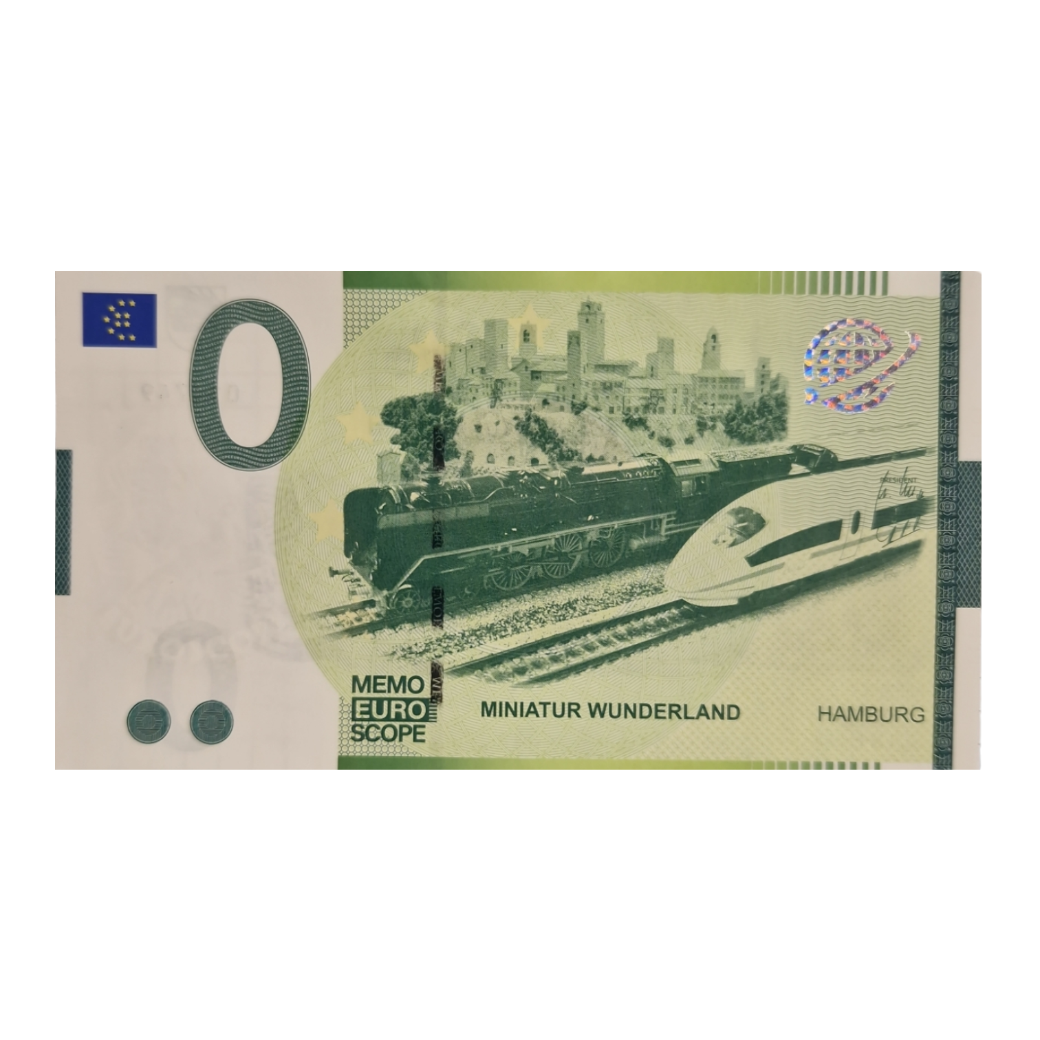 Euro-Souvenirschein Motiv grün "Dampflok BR 01 - ICE 3 BR 403" Euro-Souvenirschein Motiv grün "Dampflok BR 01 - ICE 3 BR 403"