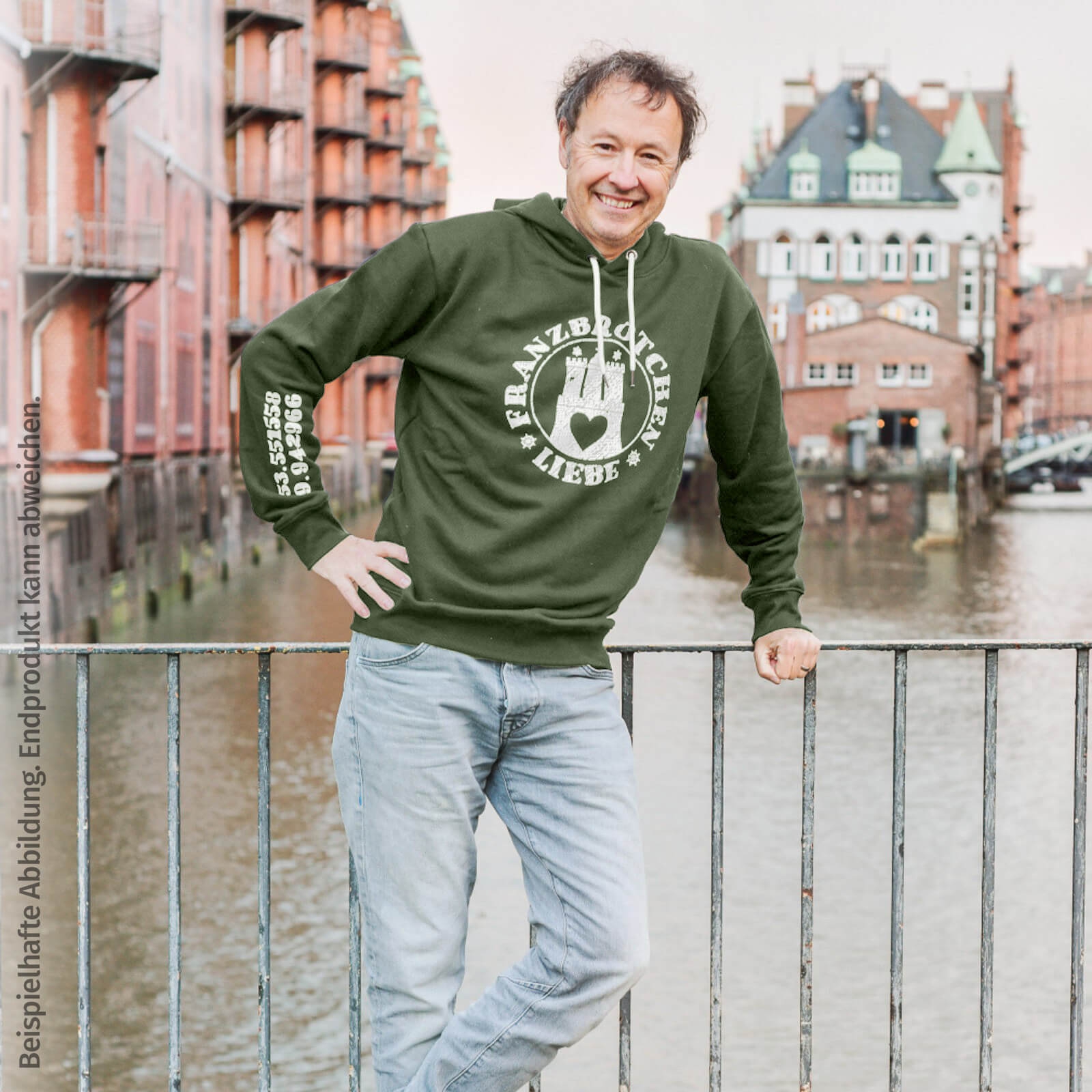 Franzbrötchenliebe Hoodie unisex - Oil Green mit weißem Print Franzbrötchenliebe Hoodie unisex - Oil Green mit weißem Print