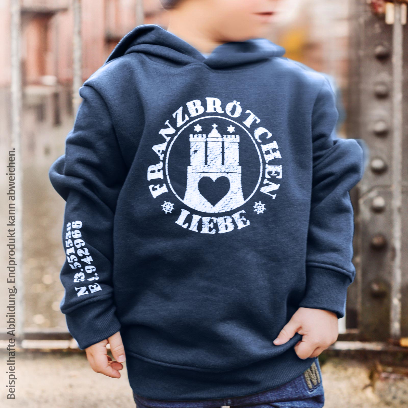 Franzbrötchenliebe Hoodie Kids - Dark Blue blau mit weißem Print Franzbrötchenliebe Hoodie Kids - Dark Blue blau mit weißem Print