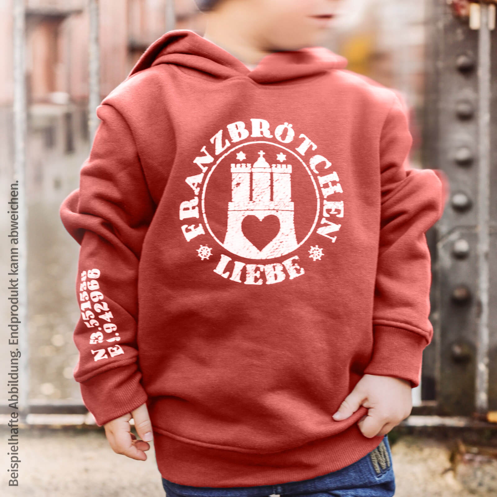 Franzbrötchenliebe Hoodie Kids - Fire Whirl rot mit weißem Print Franzbrötchenliebe Hoodie Kids - Fire Whirl rot mit weißem Print